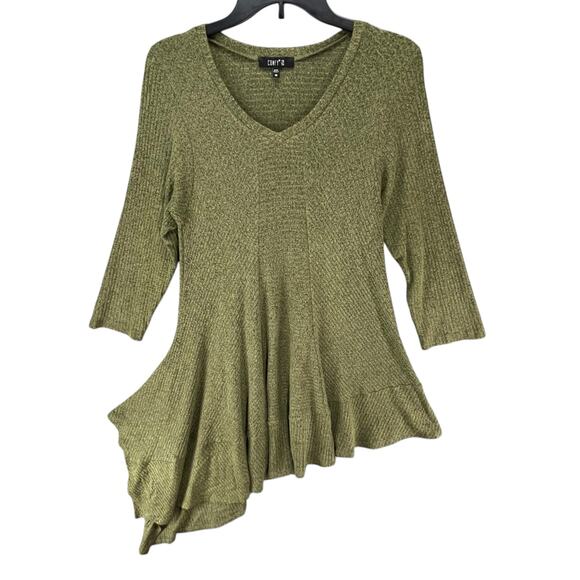 Comfy USA Tops - Comfy USA Tunic Top Womens Size M Olive Green Asymmetric Stretch Knit Lagenlook